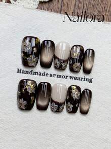 10片手工方形亚克力美甲贴片，适合短指甲，奢华棕黑色美甲，金箔棕色法式美甲，闪亮猫眼手绘樱花叶美甲，简约优雅奢华手工秋季美甲，秋季美甲贴片，多功能美甲DIY假指甲，适合派对、日常、约会、海滩、热带度假等场合，可重复使用，适合女性和女孩作为礼物，美甲用品手工美甲贴片 - 棕色 - 查看 3