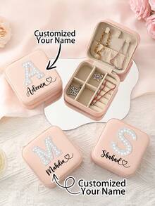 1pc Personalized Name Customized Storage Jewelry Box, Pu Leather Travel Portable Jewelry Box, Multifunctional Exquisite, Fashionable, High-Quality, Neat, Modern Customized, Personalized, Unique Ideal Gift, Suitable For Mother'S Gift, Wedding Gift, Bridesmaid Gift, Christmas Gift, Anniversary Gift, Birthday Best Gift