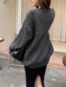 Fashionable Hollow Out Casual V-Neck Pullover Knit Sweater For Women, Mid-Length