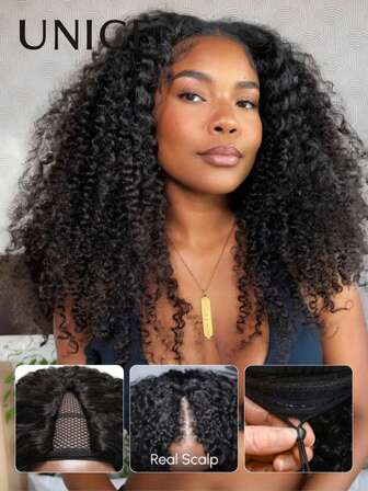 Peluca de cabello humano 100%, fácil de aplicar, bordes sin costuras, peluca con raya en V con forma esponjosa y rizada, con cordón elástico, se puede actualizar a raya en forma de U, peluca amigable para principiantes, sin necesidad de cabello restante, tejida a mano, sin pegamento, peinado protector, cómoda de usar, adecuada para mujeres, Unice Hair