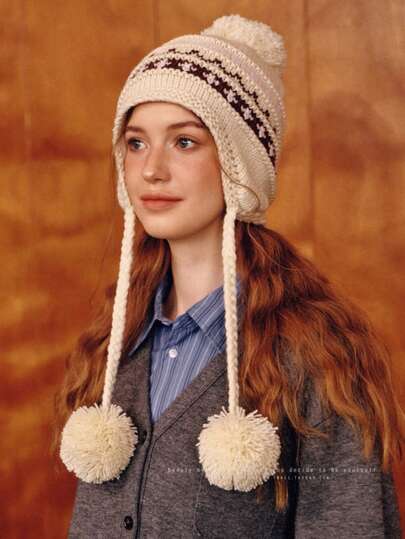 1 peça chapéu de malha vintage feminino em jacquard com contraste de cores, gorro macio e quente para uso ao ar livre, casual e moderno, adequado para uso diário e quente no inverno