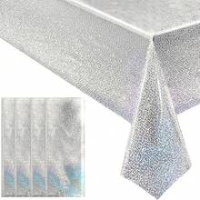 1/3pcs Silver Holographic Tablecloths Shiny Disco Laser Table Cloths 137*243cm Iridescent Plastic White Table Cover For Birthday Party, Wedding, Christmas, Winter Graduation Party Supplies - Multicolor - View 2