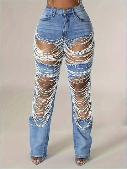Women's Sexy Tight Elastic Tear Pearl Decoration Jeans Blue Autumn Pants