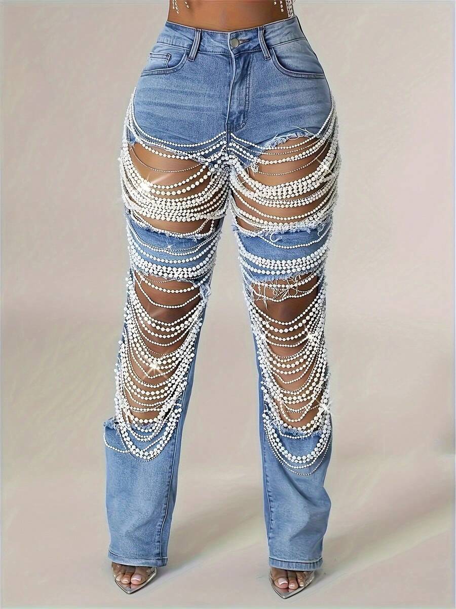 Women's Sexy Tight Elastic Tear Pearl Decoration Jeans Blue Autumn Pants - Rửa nhẹ - Xem 1