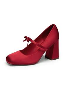 Women's Chunky Heels Mary Jane Pumps Bow Cute Square Closed Toe Elegant Comfortable Party Dress Shoes - 紅色 - 查看 3