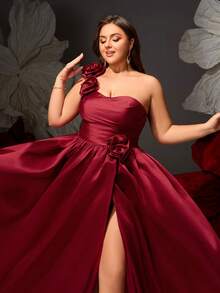 VIPGIRL Rochie de seară vișinie cu imprimeu floral, mărime mare, design cu crăpături, potrivită pentru ocazii formale precum baluri, nunți, gale, concursuri de rochii, cocktailuri, domnișoare de onoare, covor roșu - Rochie maxi elegantă, linie A - Burgundia - Vizualizare 9