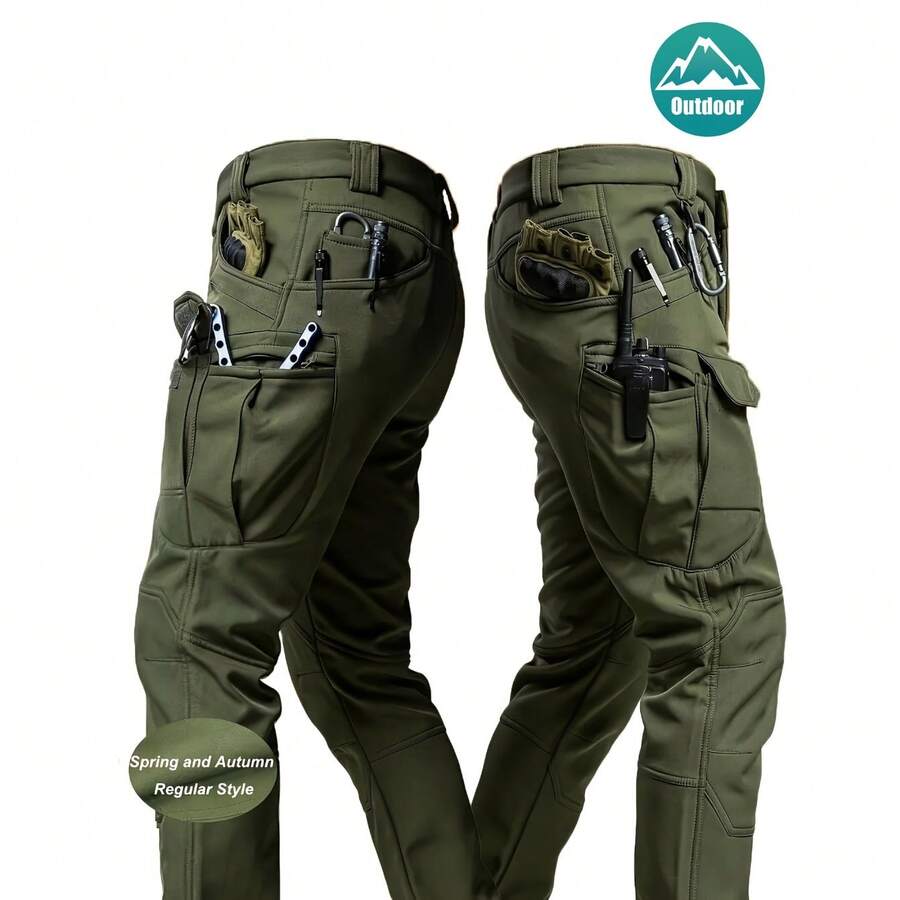 Men'S Tactical Outdoor Work Pants - Durable Soft Shell Joggers With Multi-Pocket Design, Adjustable Elastic Waist & Tear-Resistant Fabric For Hiking, Training, Fishing, Casual Wear - Machine Washable Spring/Fall Casual Pants, Hiking Pants, Hiking Attire, Tactical Style, Durable Fabric - 軍綠色 - 查看 1