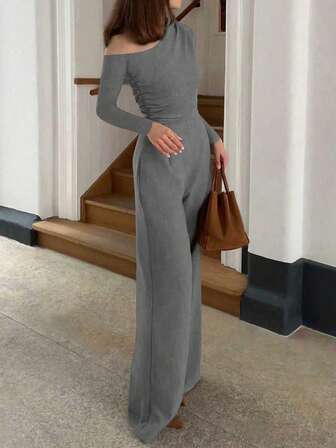 Elegant Fashion Oblique Shoulder Ruched Design Long Sleeve Wide Leg Jumpsuit, New Arrival For Autumn