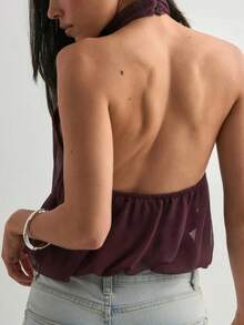 Women Cute Puffy Halterneck Top Sleeveless Open Back Tank Tops Fashion Button Neck Crop Tops Summer Y2K Loose Vest For Club Party Streetwear Going Out Outfit - Red Violet - View 2