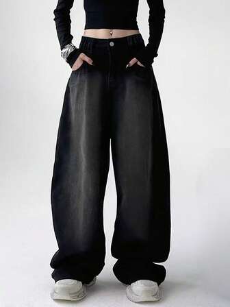 Vintage Black Simple Denim Jeans For Teen Girl Casual Straight Leg Wide Leg Pants