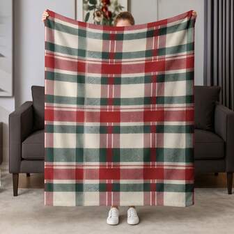 1pc Christmas - Style Plaid Flannel Blanket, Suitable For Couches, Beds, And Benches. It Features An Interweaving Of Red, Green, And Beige Colors, And Is An Excellent Holiday Gift For Christmas, Thanksgiving, Mother's Day, And New Year.