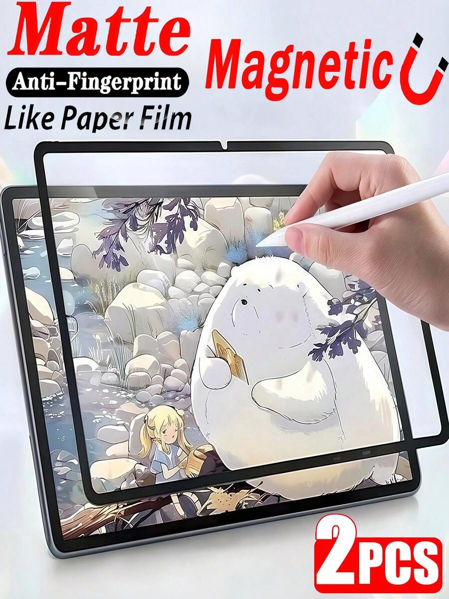 2片装磨砂磁性纸感防眩光防指纹平板电脑屏幕保护膜，柔软材质，兼容iPad 5/6/7/8/9/10/11、Air Pro 11/13/12.9英寸、Galaxy Tab S9/S10/S7/S8/S9FE/S10FE/S9+/A9+/S8+ Plus 12.4英寸/11英寸、MatePad、荣耀、红米平板5/6/7，TPU材质，快速贴合，防尘防刮，非玻璃材质。