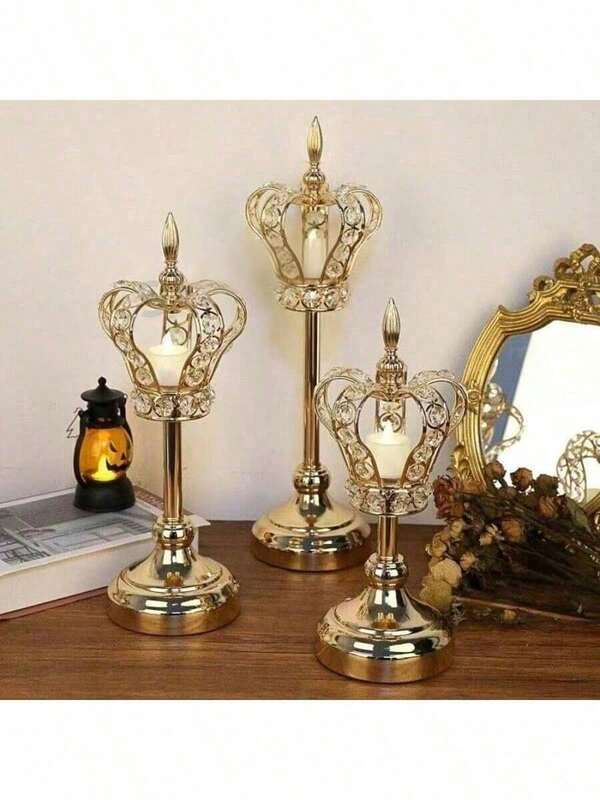 1/3pcs Crystal Crown Candle Holder, Luxurious Gold Candle Stand, Suitable For Wedding Table Centerpiece Decor, Christmas, Birthday Decor, Gift For Friends, Bedroom, Living Room, Home Decor, New Year Celebration, Valentine's Day (No Candle)