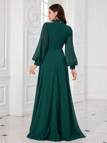 UNITHORSE 女士立领灯笼袖雪纺腰部亮片装饰修身长款晚礼服、伴娘礼服、婚纱、毕业礼服、正式派对礼服 春季 - 墨綠色 - 查看 2