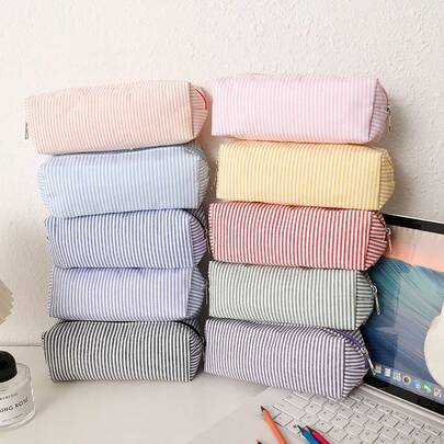 1 Pc Stripe Color Line Pattern Pencil Case, Smooth Zipper Design Spacious Stationery Storage Bag, Beautiful Storage Pencil Pouch,Student Portable Fashionable School Supplies, Back-To-School Season Essentials