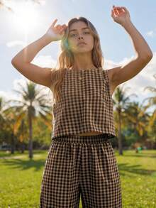 Women Plaid Sleeveless Cropped Tee And Pants Casual Two-Piece Outfit Comfortable Woven Fabric Round Neck - 卡其色 - 查看 4