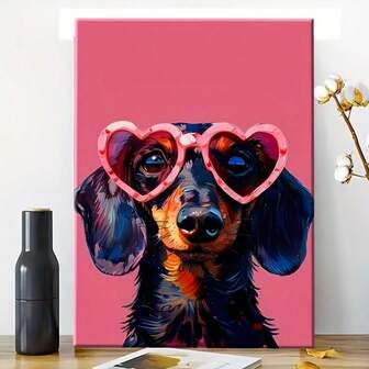 1 现代腊肠犬帆布艺术，两个 U 型框架 - 鲜艳的粉红色心形时尚眼镜狗海报，防水且易于悬挂，非常适合客厅、卧室、浴室、厨房或入口装饰，浴室艺术 | 波西米亚风格艺术 | 帆布墙艺术，狗装饰
