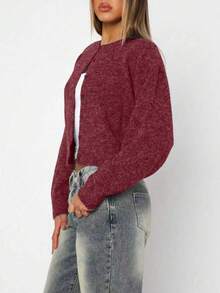 Chaqueta de punto tipo cárdigan de cuello redondo minimalista de un solo botonadura y color liso, nueva colección de otoño - Rosa Fucsia - Ver 4