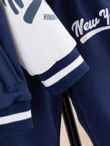 秋冬款幼儿美式拼布袖棒球夹克和裤子套装