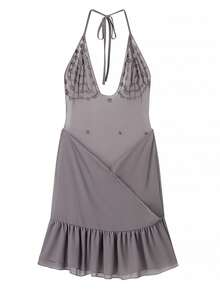 Women's Sequin Halter Neck Mini Dress Sheer Ruffled Hem Flounce Detail Stunning Evening Party Gown  Clubwear - 灰色 - 查看 9
