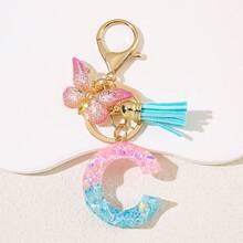 1 件个性化粉色首字母钥匙扣，带可爱蝴蝶吊饰 - 耐用树脂结构爱心亮片字母吊坠钥匙扣 - 包袋、背包和汽车钥匙的时尚配饰 - 送给女士和女孩的理想礼物 包袋配件挂绳带身份证夹汽车配件包袋吊饰 - 彩色 - 查看 33