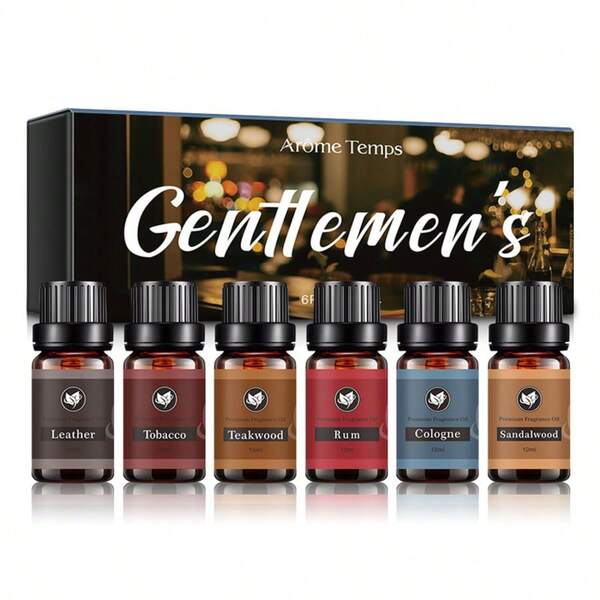 1 set Cofanetto di oli essenziali per aromaterapia da uomo, 6*10ml di fragranze premium per diffusori, pietre aromatiche espanse, umidificatori, include aromi di pelle, tabacco, teak, rum, colonia, legno di sandalo KH-050