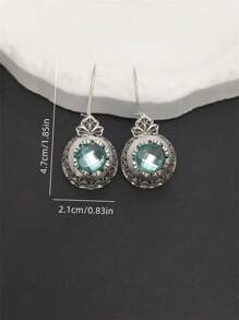 1 对波西米亚风格圆形海蓝宝石锆石雕刻吊坠耳环，适合女性日常、派对、旅行珠宝礼物 - 銀色 - 查看 4