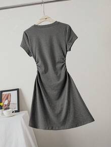 Women's Casual Slim Fit Butterfly Print Detail Minimalist Solid Color Ruched Crew Neck Short Sleeve Dress