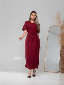 vestido longo de manga curto Com cinto Formal e Noturno V775 - Vinho - Visão 3