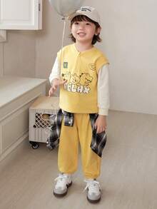Bộ đồ 2 món cho trẻ em mùa thu 2025 Bộ đồ giả hai lớp mới - màu vàng nhạt - Xem 1