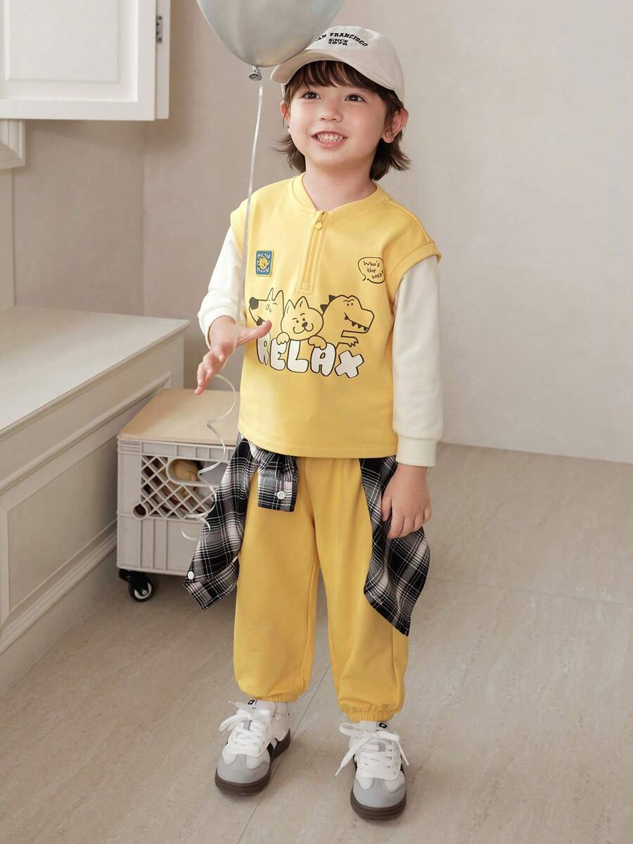 Bộ đồ 2 món cho trẻ em mùa thu 2025 Bộ đồ giả hai lớp mới - màu vàng nhạt - Xem 1