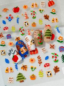 一款卡通美甲贴纸，采用激光浮雕技术，可爱俏皮的手绘风格，图案包括兔子、松鼠、苹果、花朵等，适合个人DIY和美甲沙龙使用。 - 彩色 - 查看 4