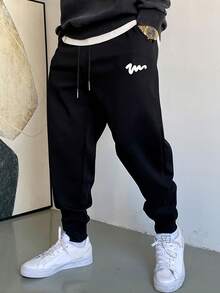 Men's Casual Joggers, Thick Line Print - All-Season Comfortable Sweatpants, Adjustable Drawstring Waist, Machine Washable Polyester, Regular Fit, Suitable For Gym And Casual Wear - Black - View 1