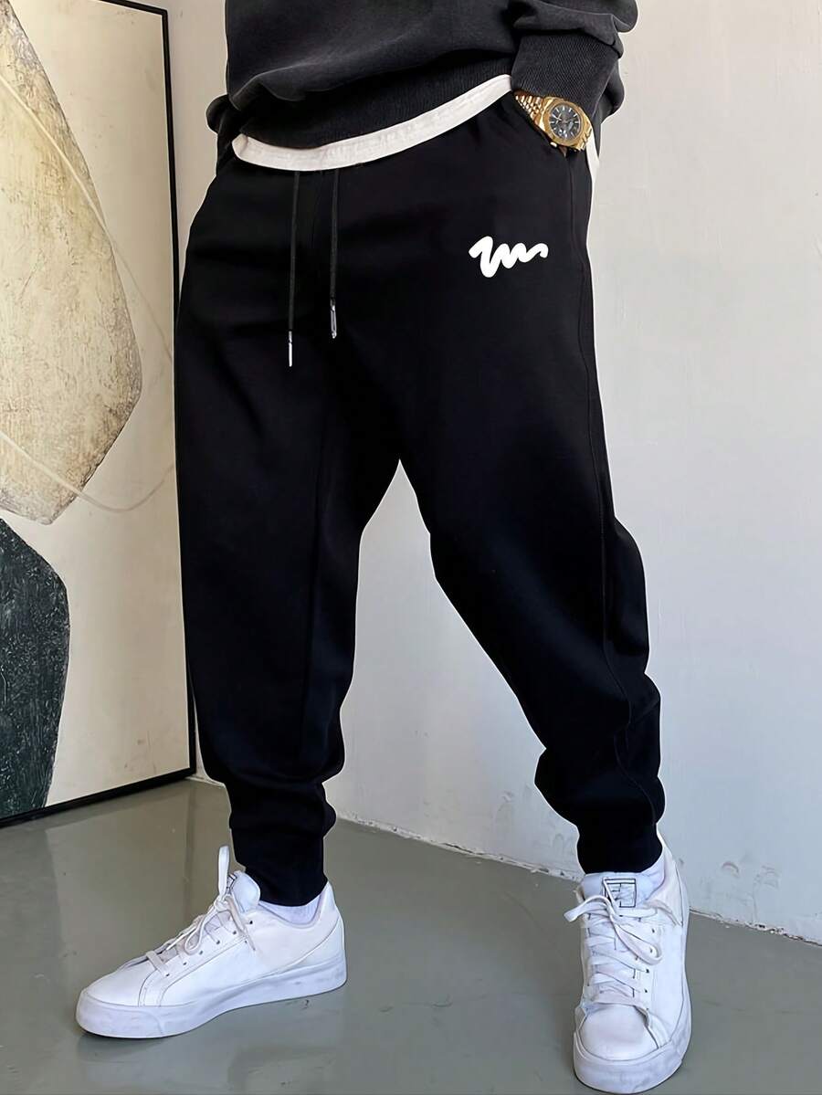 Men's Casual Joggers, Thick Line Print - All-Season Comfortable Sweatpants, Adjustable Drawstring Waist, Machine Washable Polyester, Regular Fit, Suitable For Gym And Casual Wear - Black - View 1