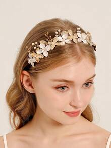 1pc Elegant Romantic Floral Design Bridal Crown Headpiece, Wedding Ceremony, Birthday Party, Festival Accessory - Gold - View 5