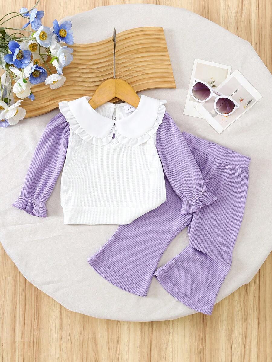 2-częściowy dziewczęcy, swobodny top z materiału waflowego z kołnierzykiem w kwiaty, z długim rękawem i jednokolorowymi spodniami dzwonami, wiosna/jesień