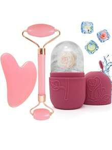 3pcs Ice Roller Set - Facial Skincare Ice Roller Kit, Facial Massage Tool, Silicone Ice Roller, Rose Quartz Roller Massager With Gua Sha Board, For Relieving Facial & Eye Puffiness, Facial Massager, Contour Shaping, Skin Care And Radiance, Suitable For Eyes, Neck And Face, Ice Roller Mold Skincare Tools. Summer Ice Massage Products, Office Supplies, Study Supplies, Travel Essentials.