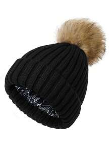 Women Winter Beanie Hat Satin Lined Faux Fur Pom Pom Beanies Hat For Women Winter Warm Knit Hats - A - View 18
