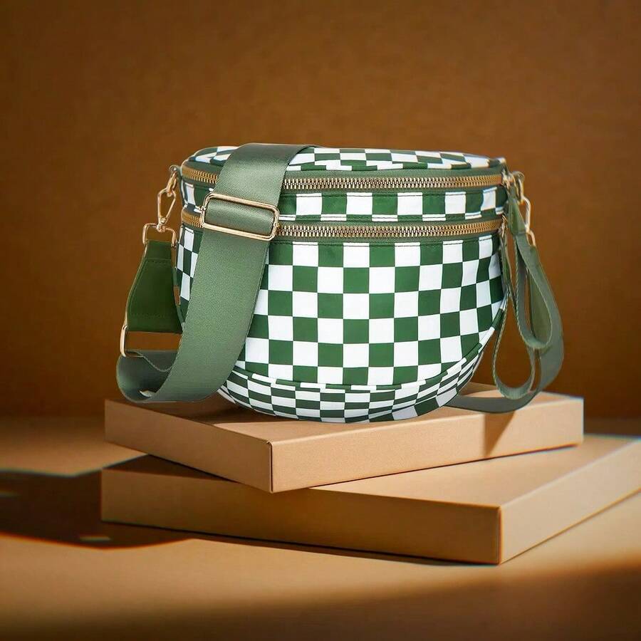 Classic Checkered Design Crossbody Bag–Matches Diverse Styles For Outings, Commutes & Leisure Time  Ample Space For Daily Errands, Casual Outings & Travel Adventures - Lưới xanh - Xem 1