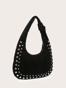 Women's Crescent-Shaped Shoulder Bag, Solid Color Suede, Large Capacity, Rivet Decor, Vintage Versatile Commuter Style Shoulder Bag, Suitable For Outings - Black - View 3