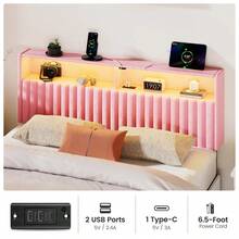 Headboard With Charging Station And Smart RGB LED Light, Full Bed Upholstered Head Board With Storage Shelves, Sturdy And Solid Headboards For Bedroom, Guest Room And Dorm - US A Type Plug(110-127V) - View 6