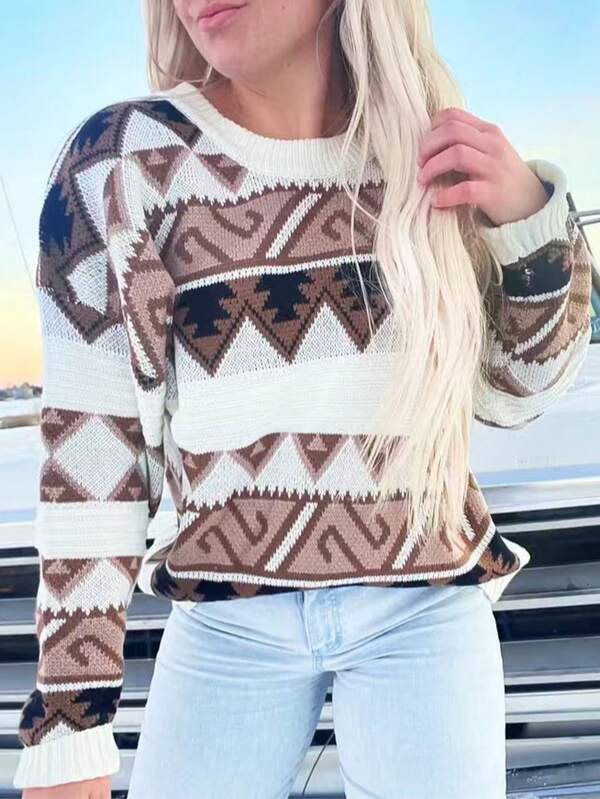 Suéter de mujer de manga larga tejido con detalles de punto acanalado y patrón geométrico, top de ajuste regular