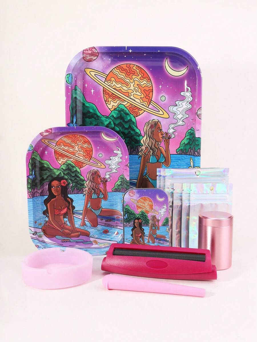 13pcs,Smoking Set, Including 2 Sizes Of Metal Rolling Trays, Pink Cigarette Holders, Pink Silicone Ashtrays, Boxes, Pink Metal Cans, Pink Tapered Tubes, 6-Piece Storage Bags, Art Design, Entry-Level Set, Fun Gifts, Holiday Gifts