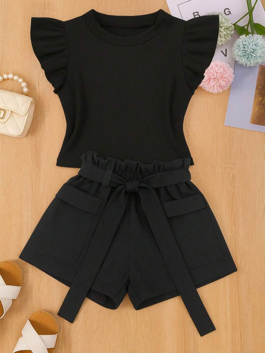 Children's Set Cropped Frufru Blouse + Linen Clochard Shorts Kit With 2 Super Stylish Pieces CJI033 - Black and Black - View 1