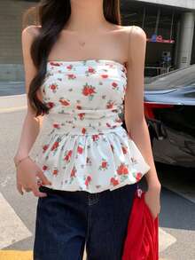 女士花卉印花修身短款吊带背心，荷叶边腰部，甜美而火辣的风格 - 白色 - 查看 4