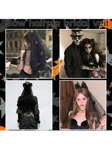 حجاب عروس أسود مع مشابك شعر، حجاب عروس طويل من التول والدانتيل ذو طبقتين من الشبك، حجاب عروس جوتيك لحفلات الخطوبة وحفلات العروس