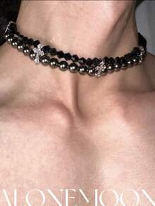 Flower On Neck ~ Special-Interest Design Iris Tectorum Flower Silver Pearl Necklace Men's And Women's Same Choker Clavicle Chain - Thánh giá ngọc trai #XL188 - Xem 9