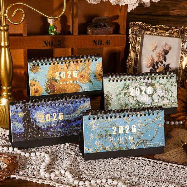 Calendario de escritorio vintage 2026, planificador de mesa portátil con calendario diario, mensual y semanal, organizador de fechas, pintura al óleo para decoración del hogar y oficina, suministros de Año Nuevo y regalos de cumpleaños