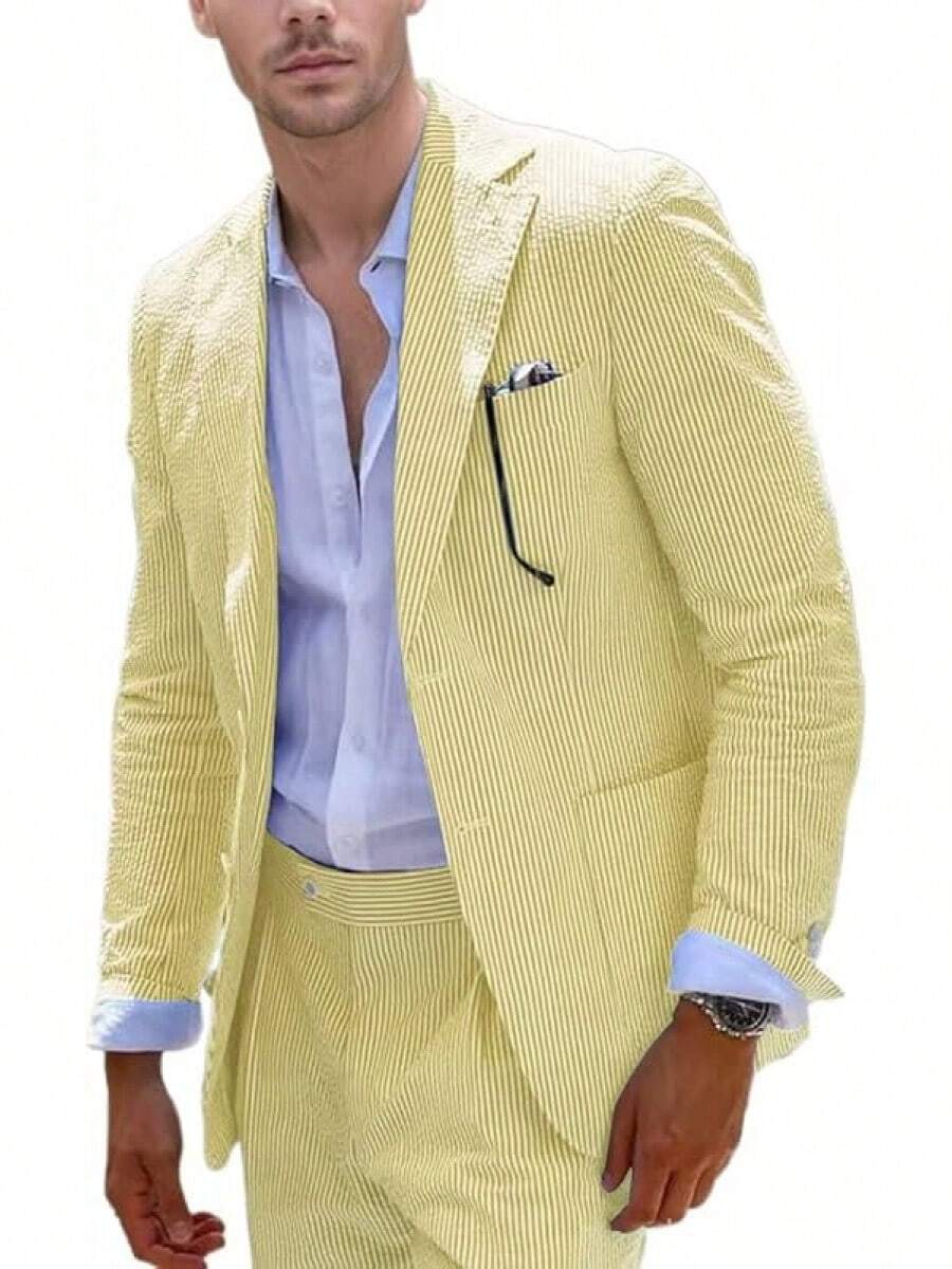 Blue Seersucker 2 Piece Casual Summer Beach Men's Suit Set With Stripes Weddings HXX0 - Màu vàng - Xem 1
