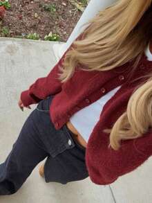 SEREN 秋季新款红色圆领单排扣长袖针织开衫上衣，时尚简约温柔优雅浪漫百搭休闲慵懒风，适合约会通勤毛衣开衫万圣节秋季女装 - 紅色 - 查看 5